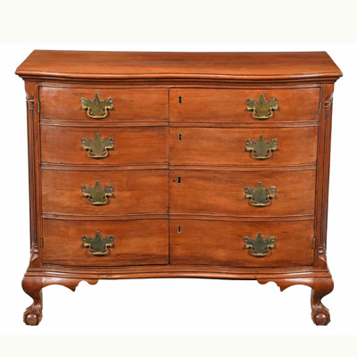 CHIPPENDALE FIGURED MAHOGANY BLOCK-FRONT CHEST OF DRAWERS, BOSTON